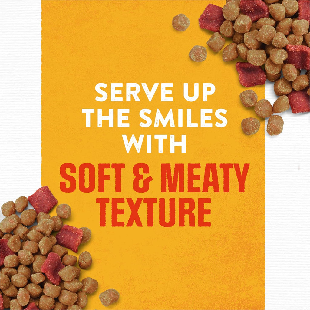 Purina Moist and Meaty imported adult dog food packaging displaying meal benefits