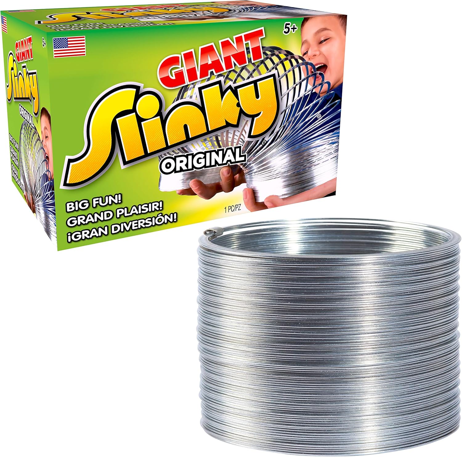 Slinky original giant metal walking spring toy front view on a flat surface