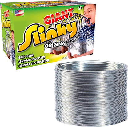Slinky original giant metal walking spring toy front view on a flat surface
