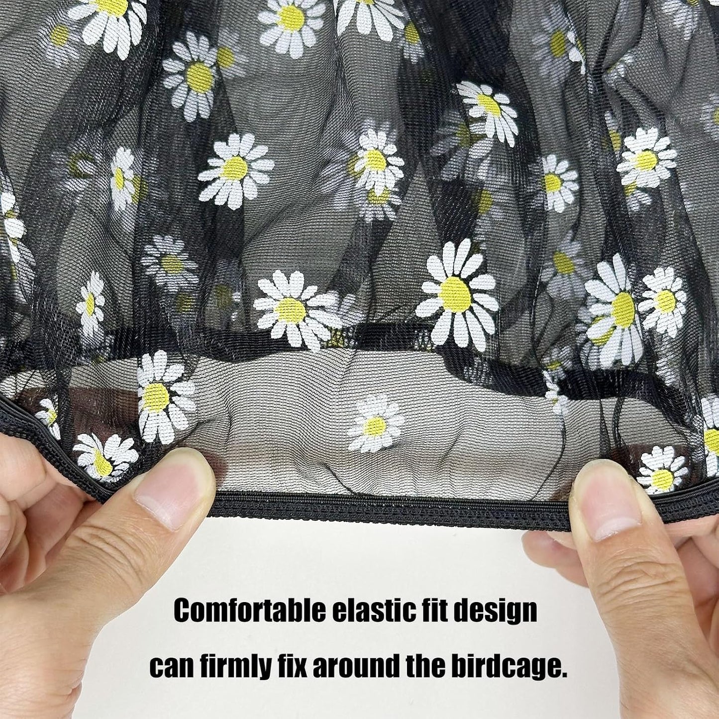 Washable and lightweight birdcage mesh net cover laid flat showing elastic borders.