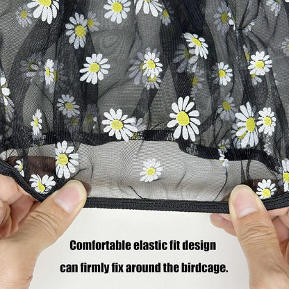 Washable and lightweight birdcage mesh net cover laid flat showing elastic borders.