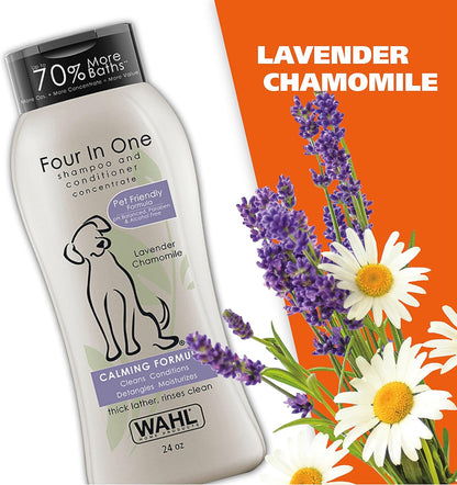 Wahl 24 fluid ounce dog shampoo bottle in hand