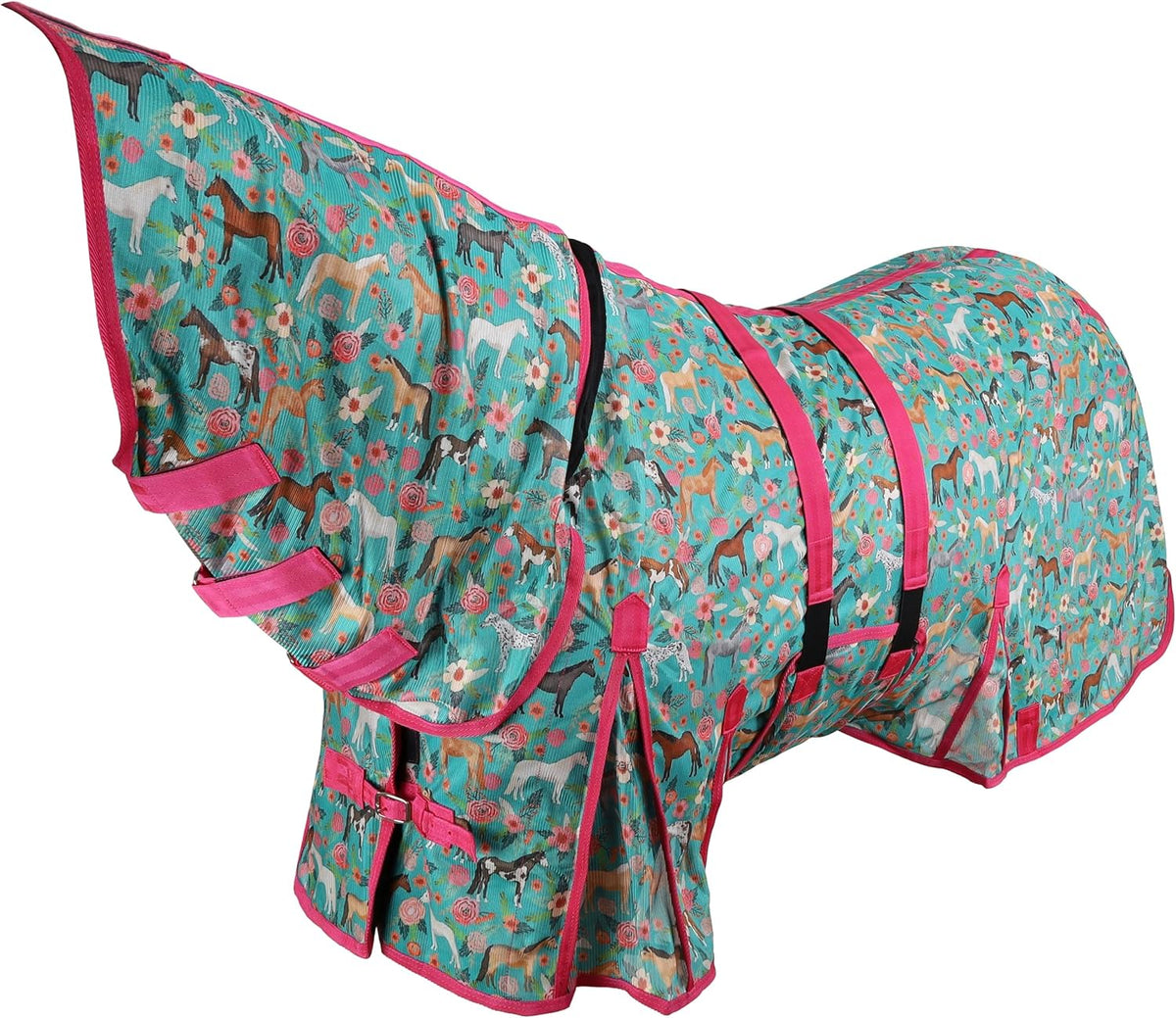 Showman lightweight horse blanket side view highlighting the adjustable belly wrap and pink lining details.