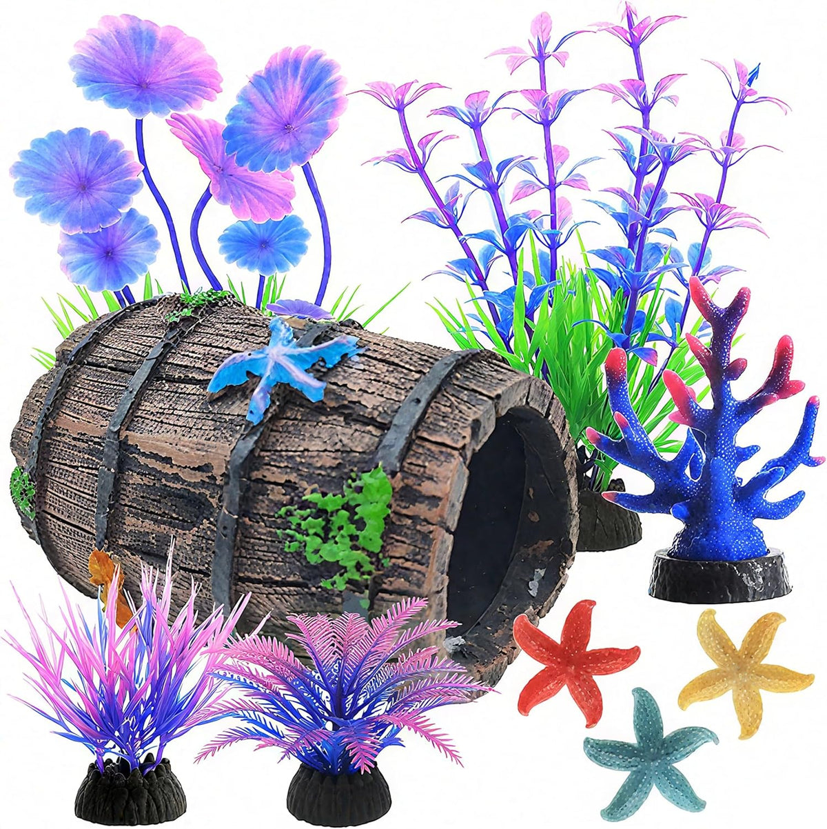 MQACPUPY nine piece betta fish tank accessories starter kit front view.