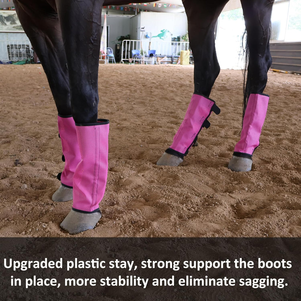 Set of four premium mesh horse fly leggings spread out to show the durable flexible stays and straps
