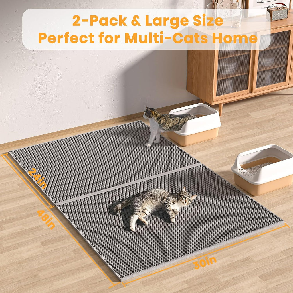 A domestic cat stepping comfortably onto the soft paw friendly surface of the gray Pieviev mat.