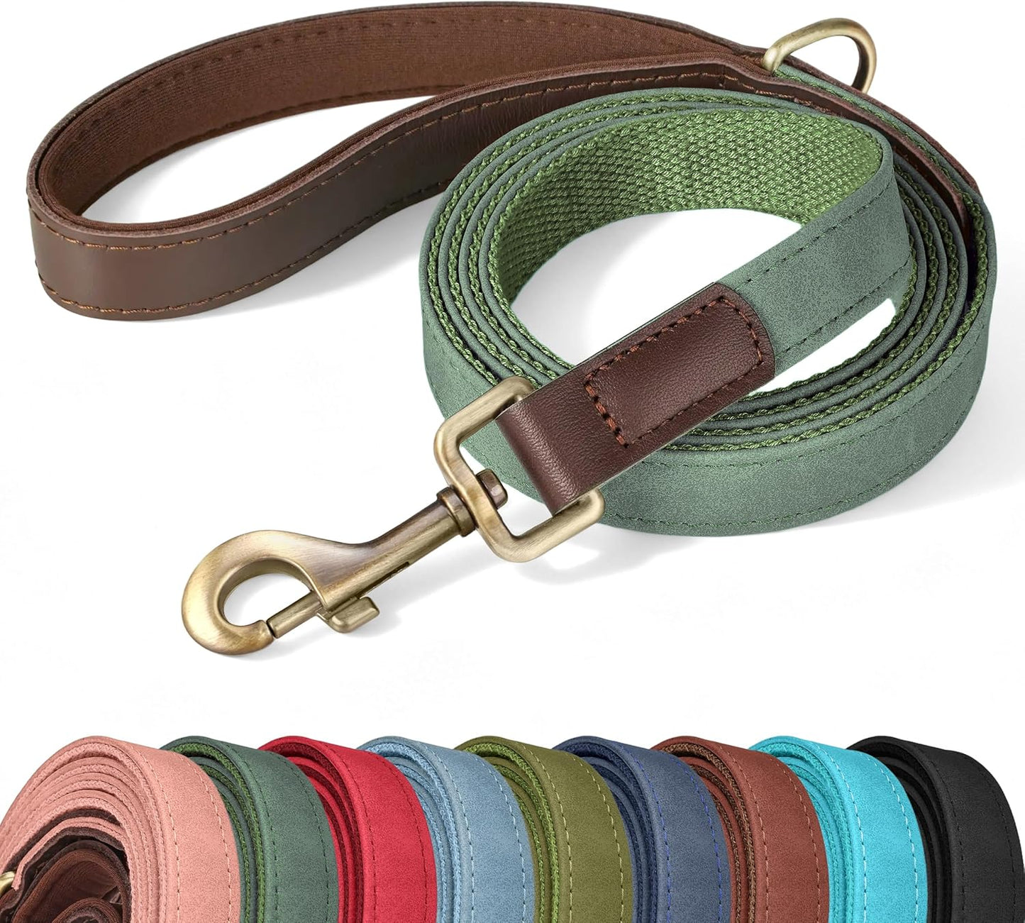 Didog PU leather dog leash front view green training lead for small dogs