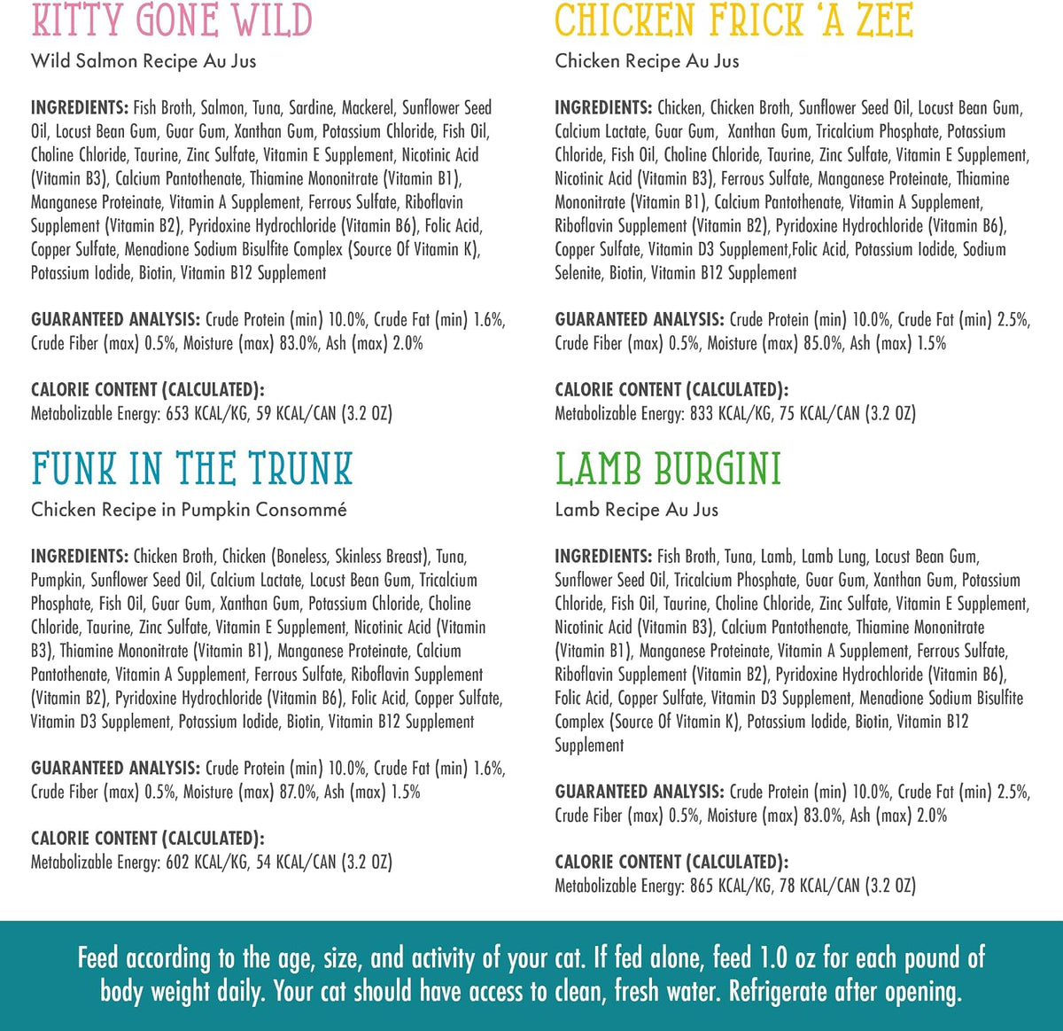 Nutritional information and ingredient panel printed on Weruva cat food can