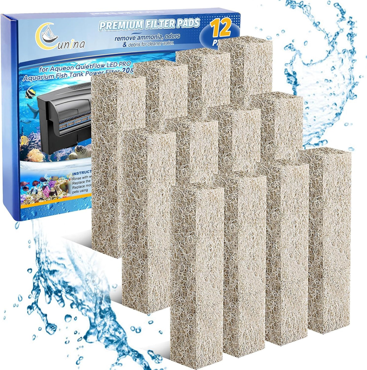Cunina ammonia reducer filter pads 12 count pack front view showcasing aquarium filtration media.