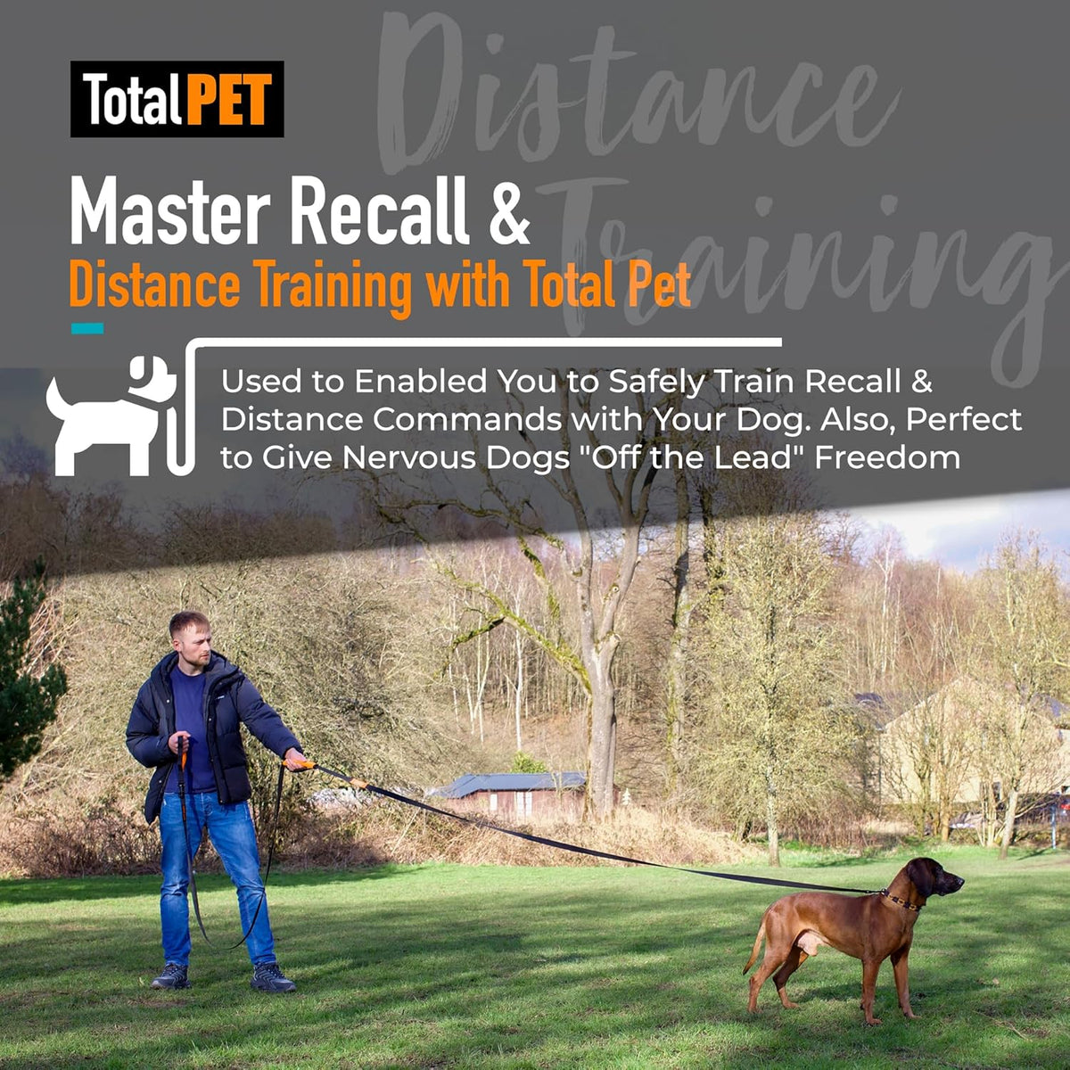 Total Pet fifty foot long line training lead extended out in a park for dog recall practice