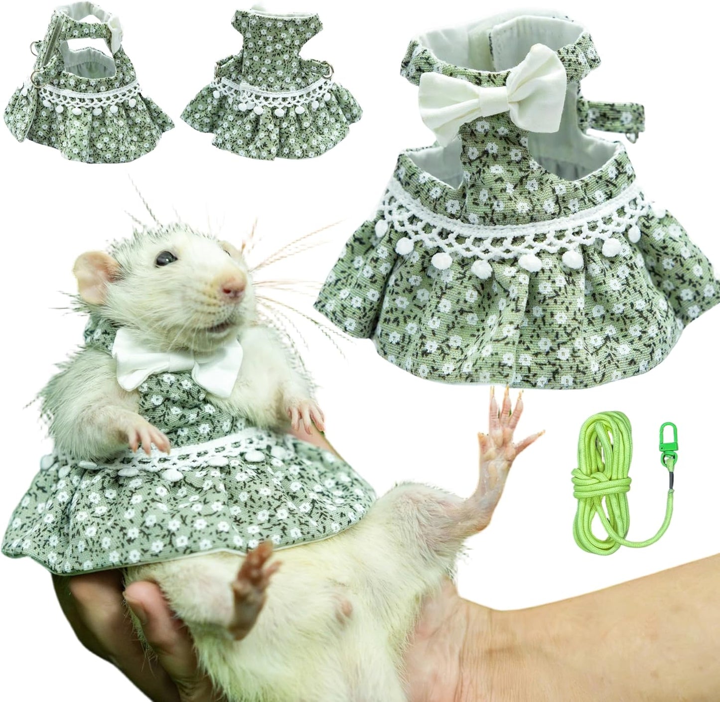 SMOLKITH Fancy Rat Clothes, Pet Rat Adjustable Green Checkered Skirt with Leash, Small Animal Apparel for Walking, Fits Fancy Rats, Meerkats, Chinchillas, Rabbits and More - Image 11