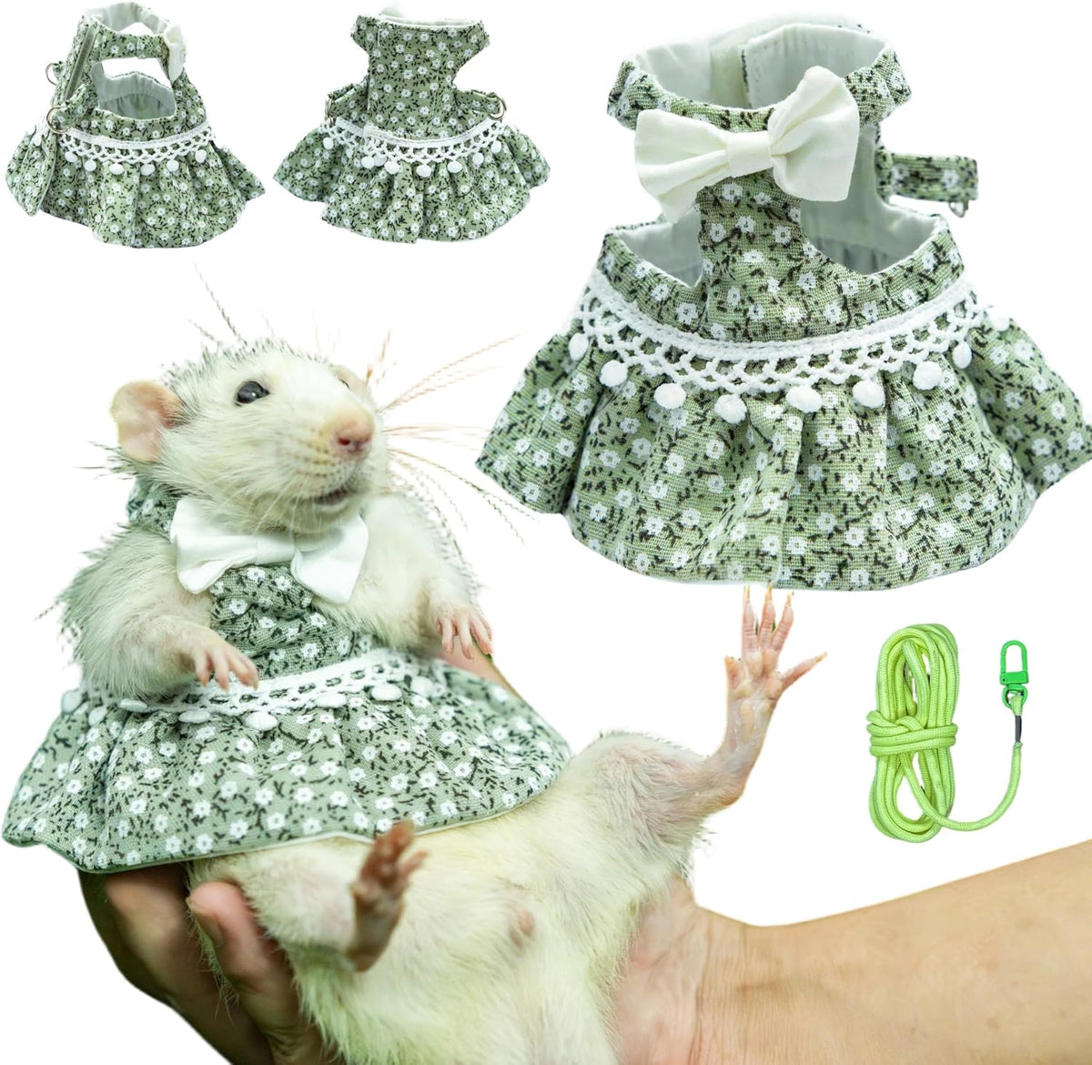 SMOLKITH Fancy Rat Clothes, Pet Rat Adjustable Green Checkered Skirt with Leash, Small Animal Apparel for Walking, Fits Fancy Rats, Meerkats, Chinchillas, Rabbits and More - Image 11