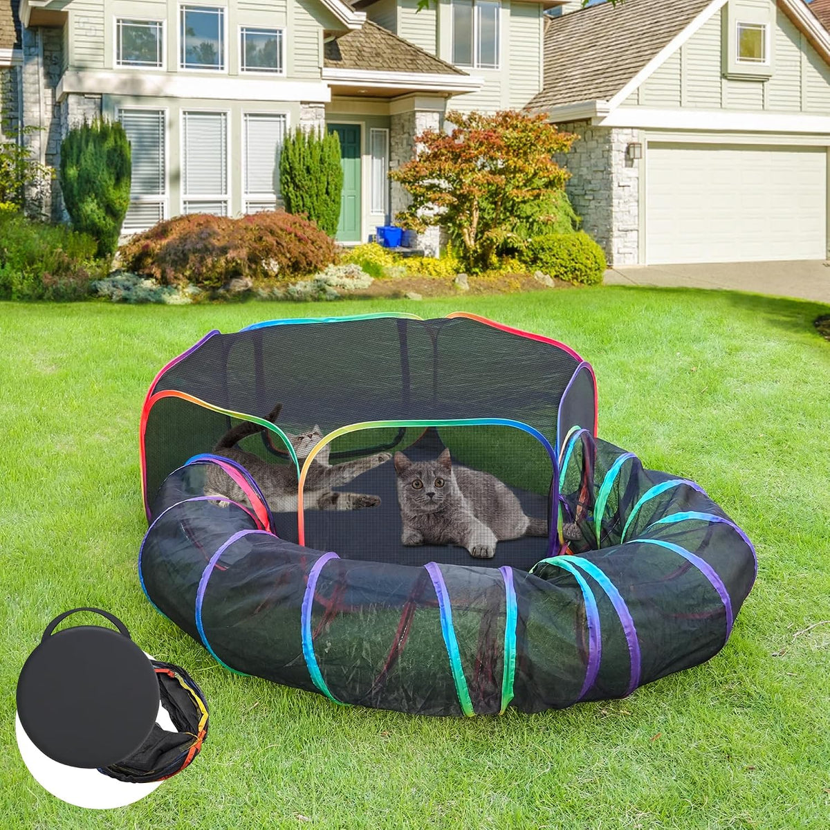PLITTPETTS outdoor cat enclosure rainbow mesh tent and tunnel front view