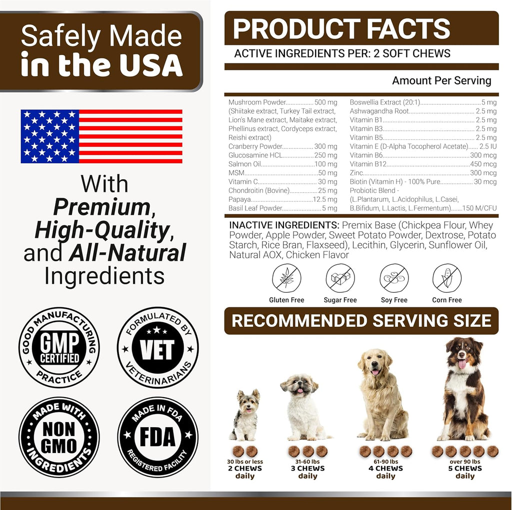 Premium dog mushroom complex chews packaging showing directions and dosage