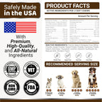 Premium dog mushroom complex chews packaging showing directions and dosage