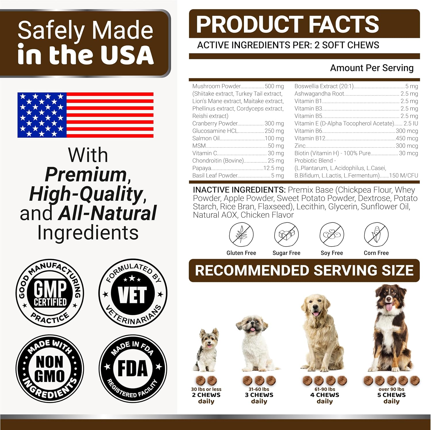 Premium dog mushroom complex chews packaging showing directions and dosage