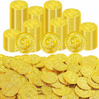 Nuesaurd plastic gold coins 200 pieces bulk pack front view showcasing the shiny embossed dollar sign design
