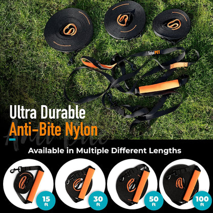 Total Pet long dog leash being adjusted to a shorter distance using the handle clip mechanism