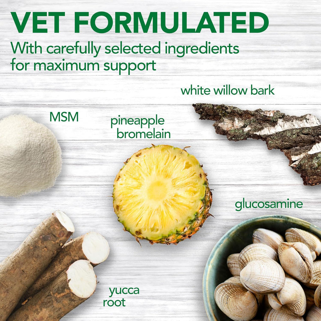 Vet's Best hip and joint support tablets packaging demonstrating usage guidelines for pets.