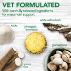 Vet's Best hip and joint support tablets packaging demonstrating usage guidelines for pets.
