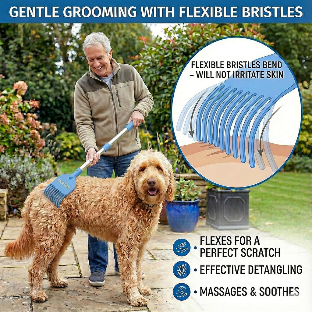 Close up view of the flexible nylon bristles on the Bearback dog scratcher head designed for safe itch relief.