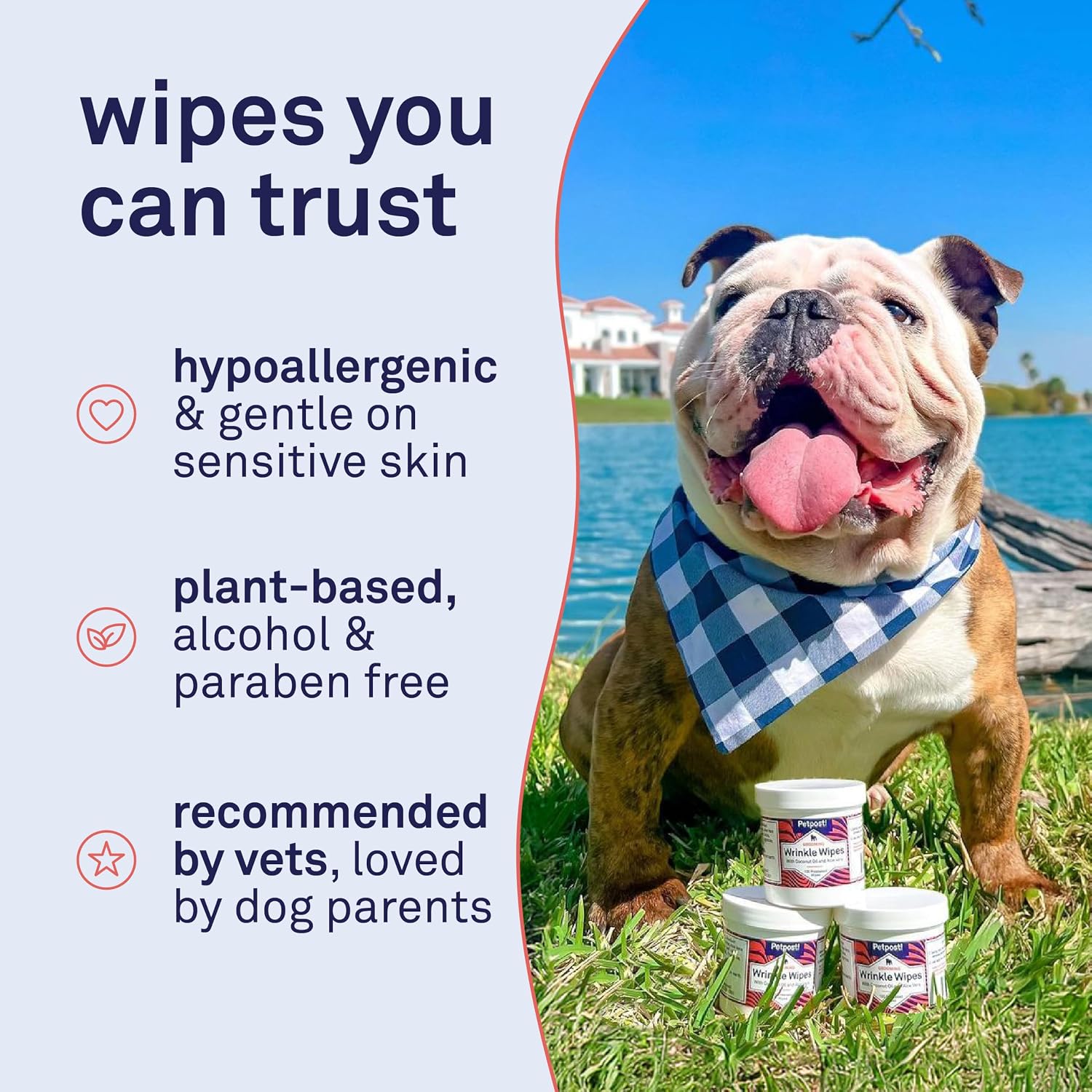 Petpost wrinkle wipes ingredients list featuring coconut oil