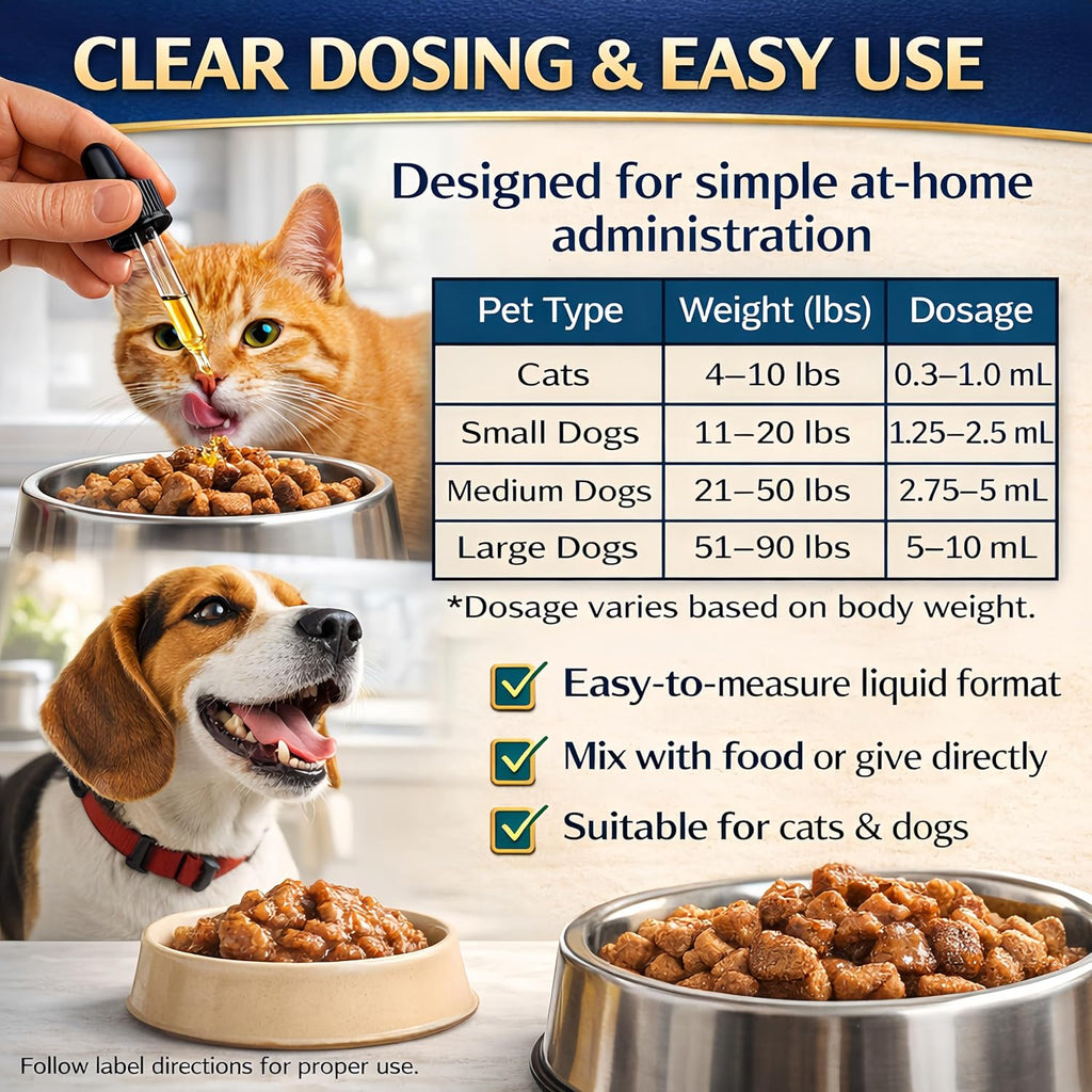 Netrca pet care health supplement bottle with clear dosage instructions on label