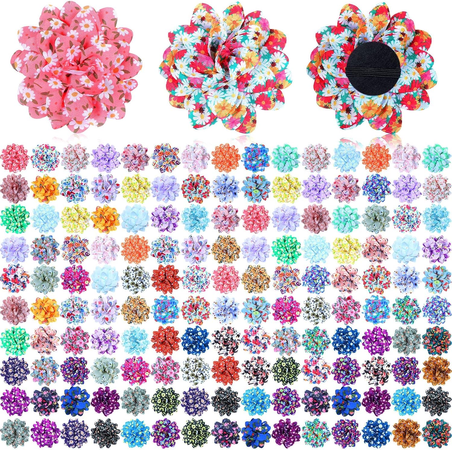 Sadnyy 150 Pieces Dog Flower Bows Collars bulk pack front view showing vibrant multi color chiffon pet charms