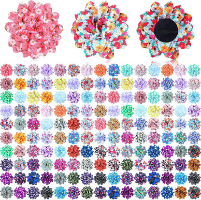Sadnyy 150 Pieces Dog Flower Bows Collars bulk pack front view showing vibrant multi color chiffon pet charms