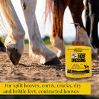 Professional equine hoof dressing packaging highlighting semi-gloss finish features