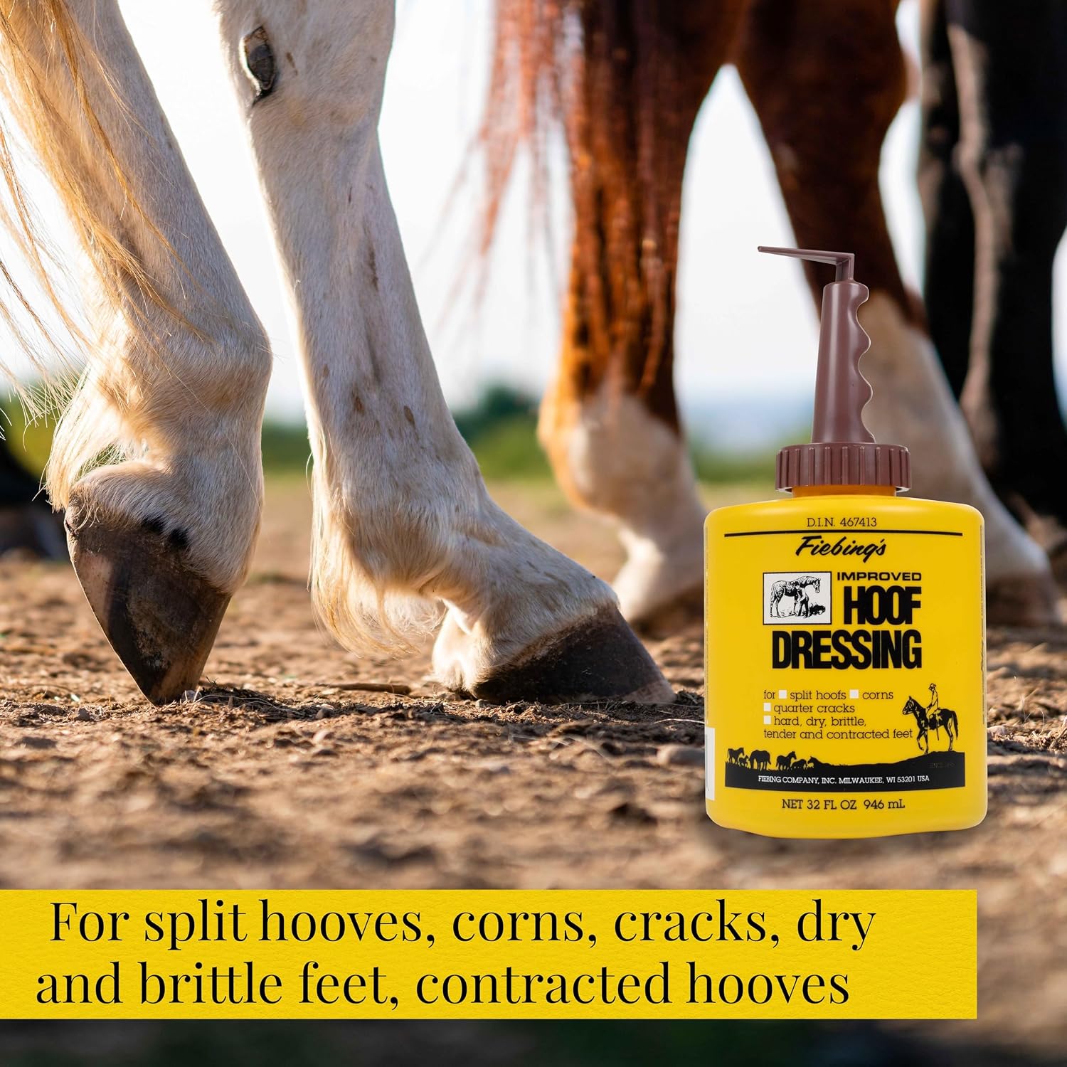 Professional equine hoof dressing packaging highlighting semi-gloss finish features