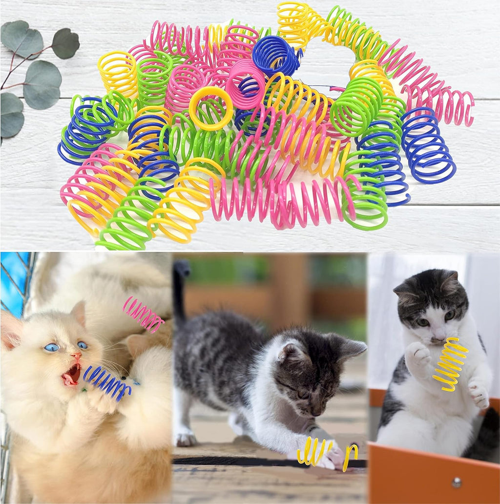 Assorted vibrant plastic spiral kitten toys scattered for interactive pet bonding.