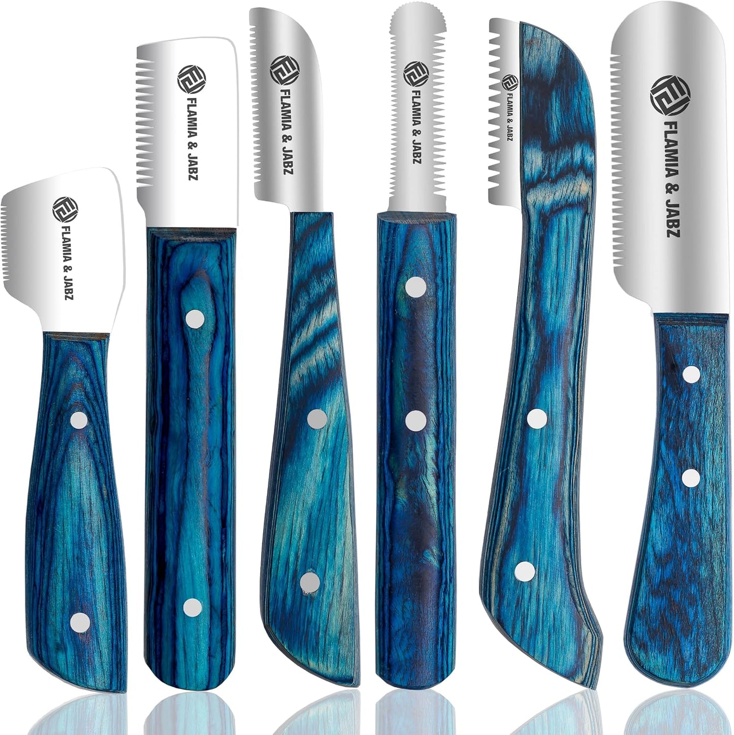 FLAMIA & JABZ FJ Professional Stripping Knife kit front view showcasing six grooming tools