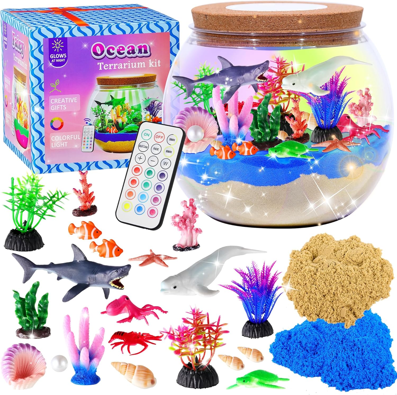 Gifmore Ocean Terrarium Kit front view showing illuminated LED night light and sea figurines