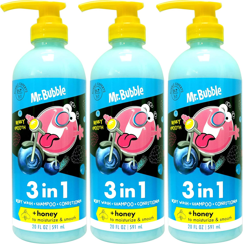 Mr. Bubble Berry Smooth 3-in-1 Body Wash Shampoo and Conditioner 3-pack front view for gentle kids bath time.