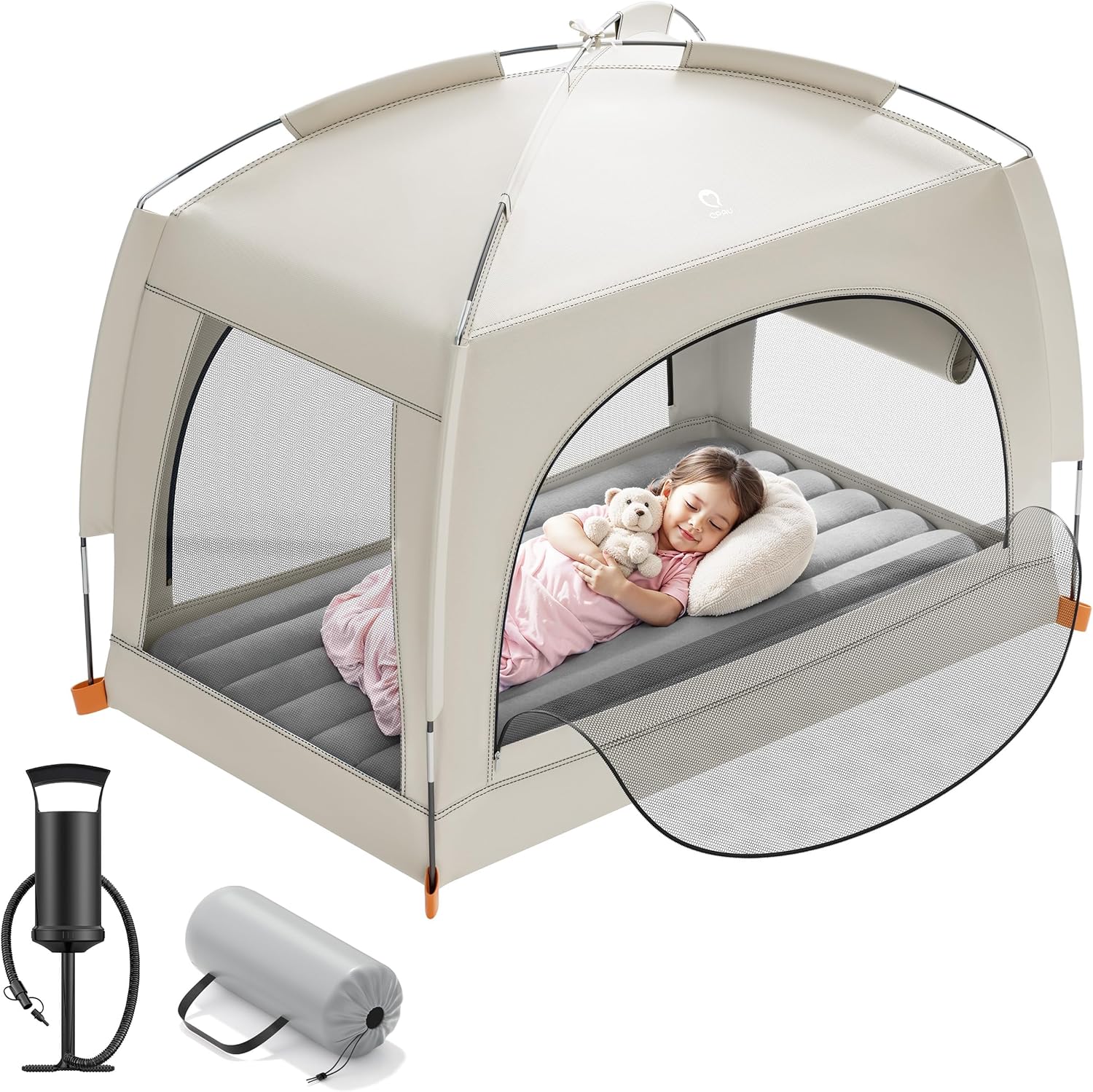 QPAU inflatable toddler travel bed with tent front view showing the mesh doors and khaki grey air mattress setup.