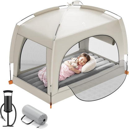 QPAU inflatable toddler travel bed with tent front view showing the mesh doors and khaki grey air mattress setup.