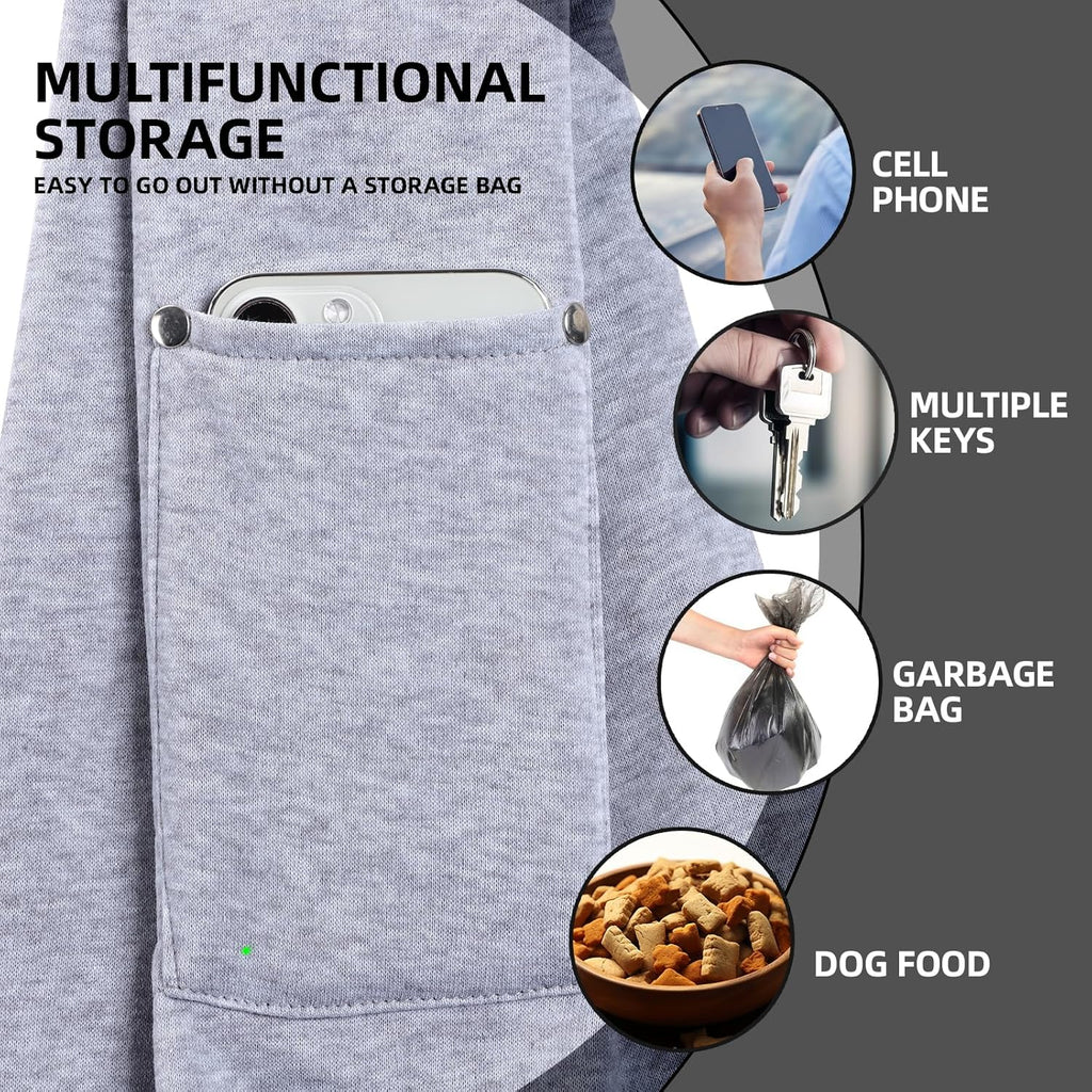 Gray pet sling carrier with safety hook and zipper