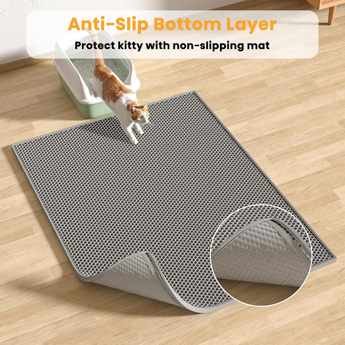 Someone opening the EZ open edge of the Pieviev gray mat to dump trapped litter back into the tray.