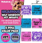 Golden Retriever dog wearing a purple Drama Queen self adhesive bandage roll on limb