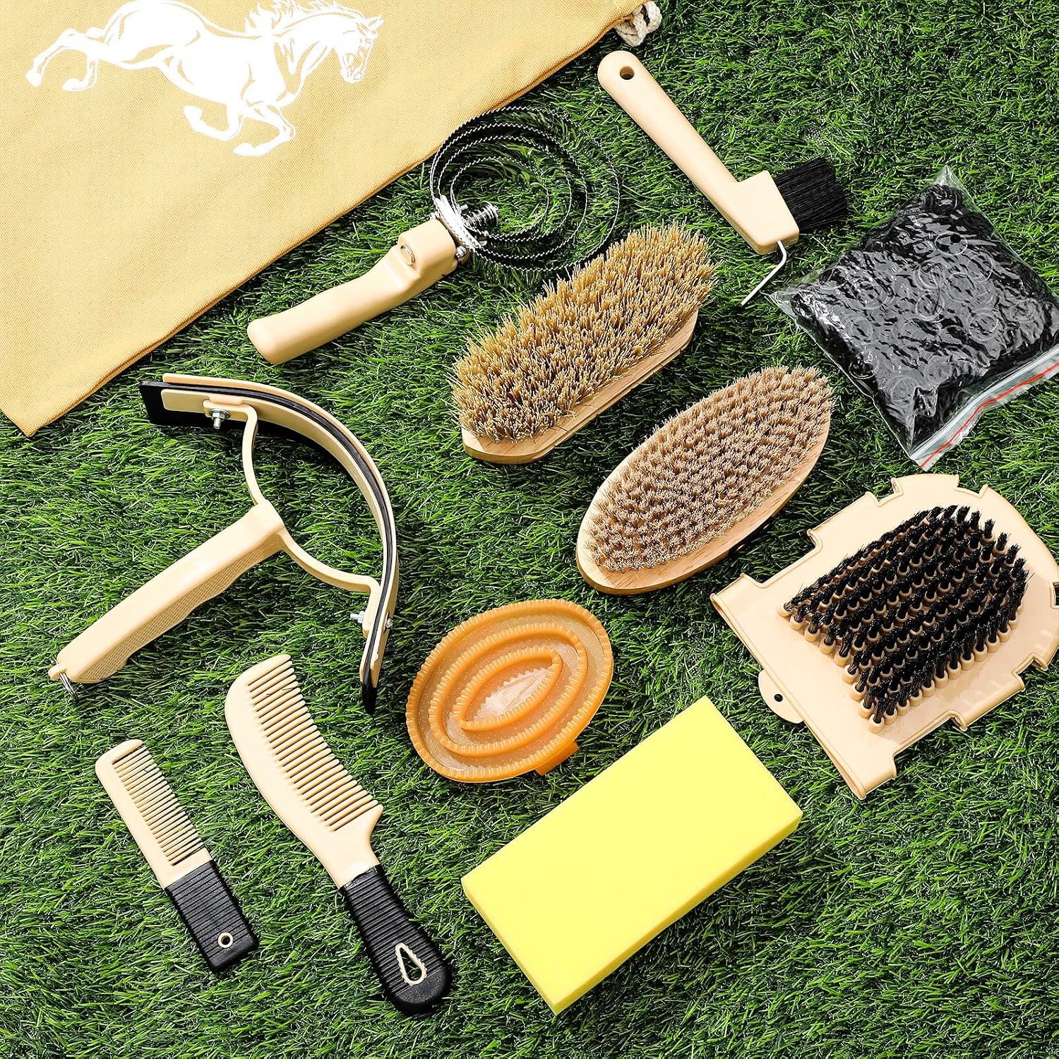 Professional horse care kit including massage and shedding tools