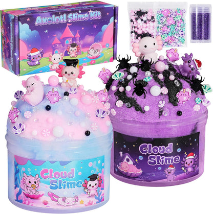 Joytry Axolotl Cloud Slime Kit front view showing two jars and cute charms.