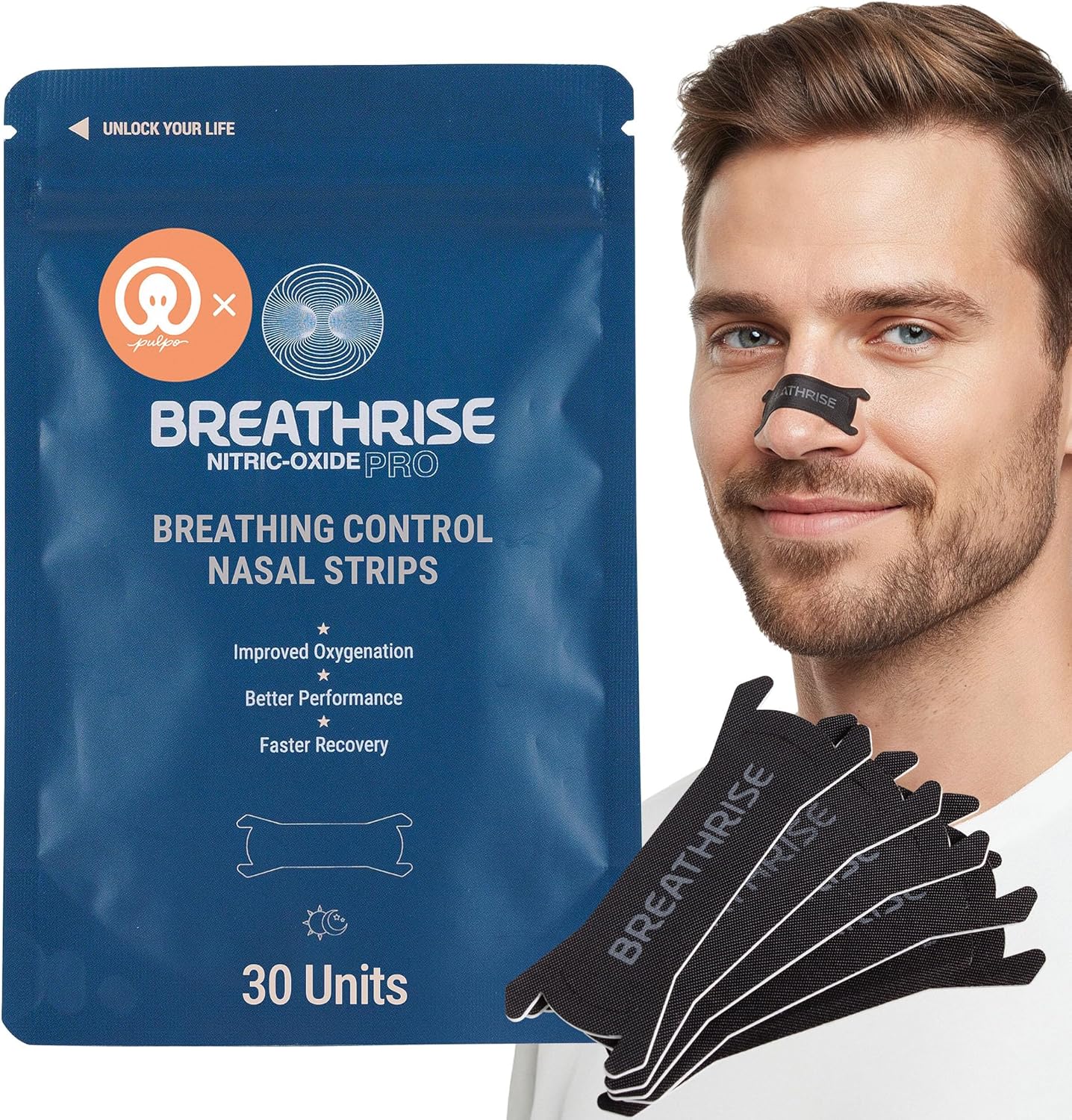Pulpo x Breathrise Control Nose Strips front view packaging for nasal airflow support