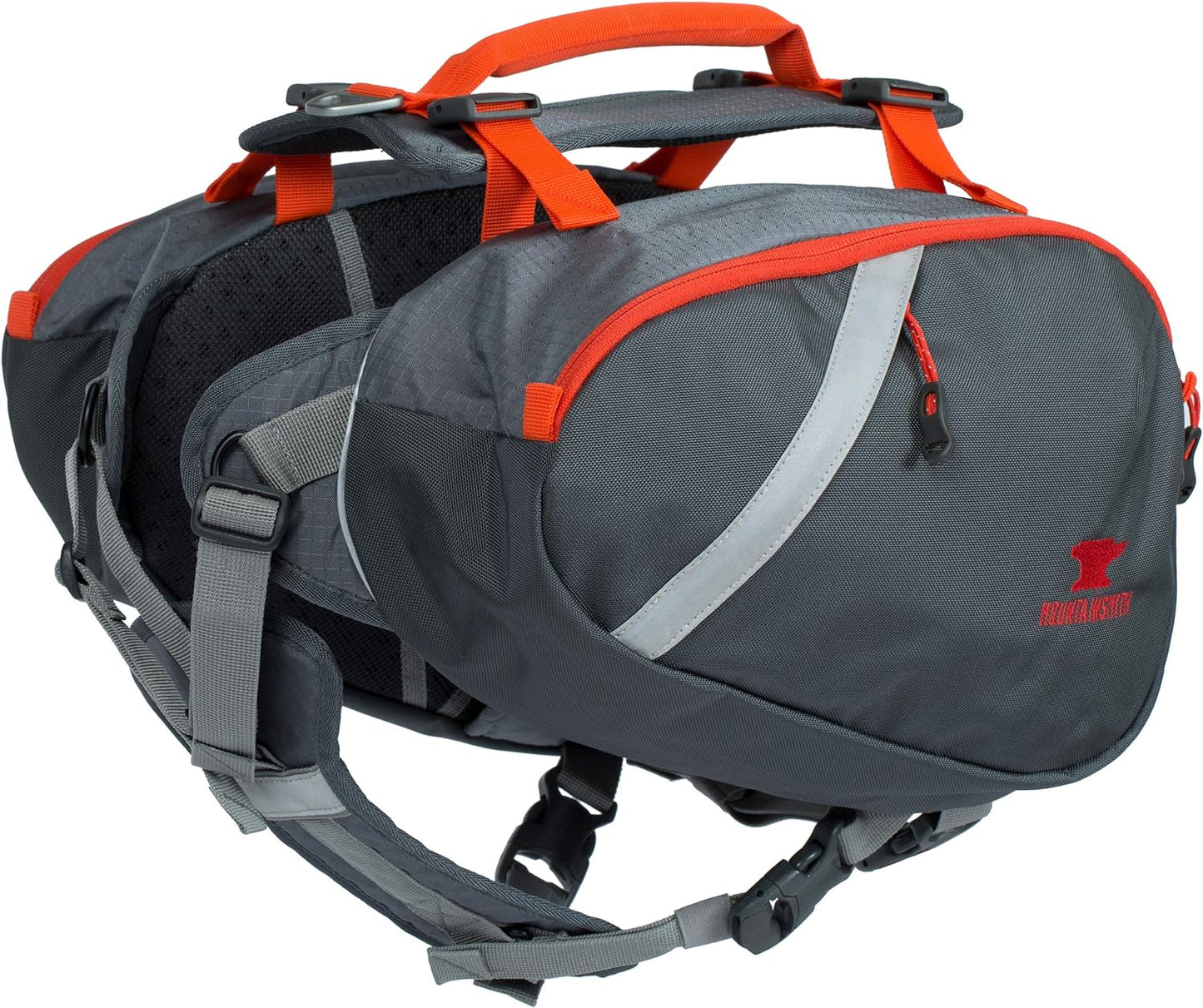 Mountainsmith K-9 dog pack front view in lava red on trail