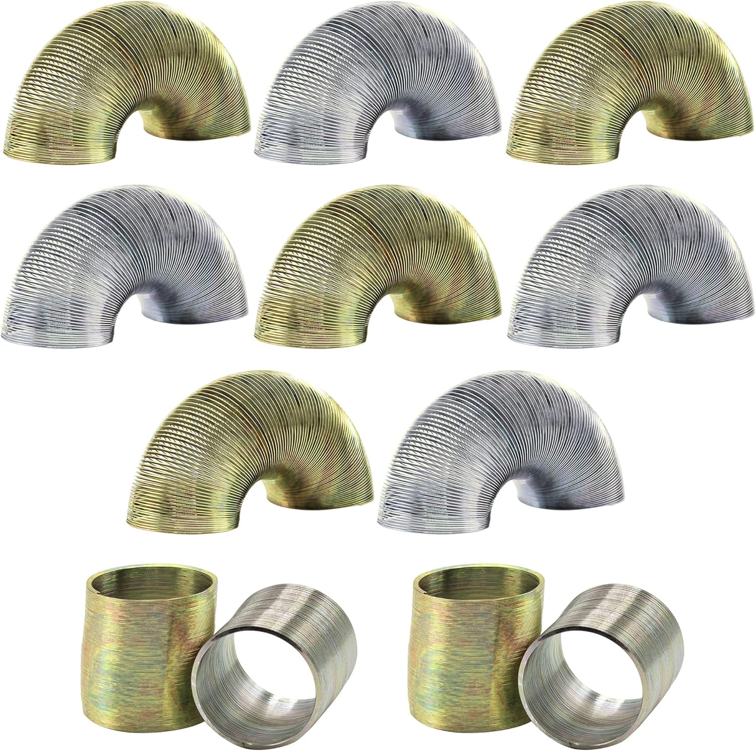 Srenta 1 inch mini metal coil spring pack of 12 front view showcasing premium gold and silver metallic toys