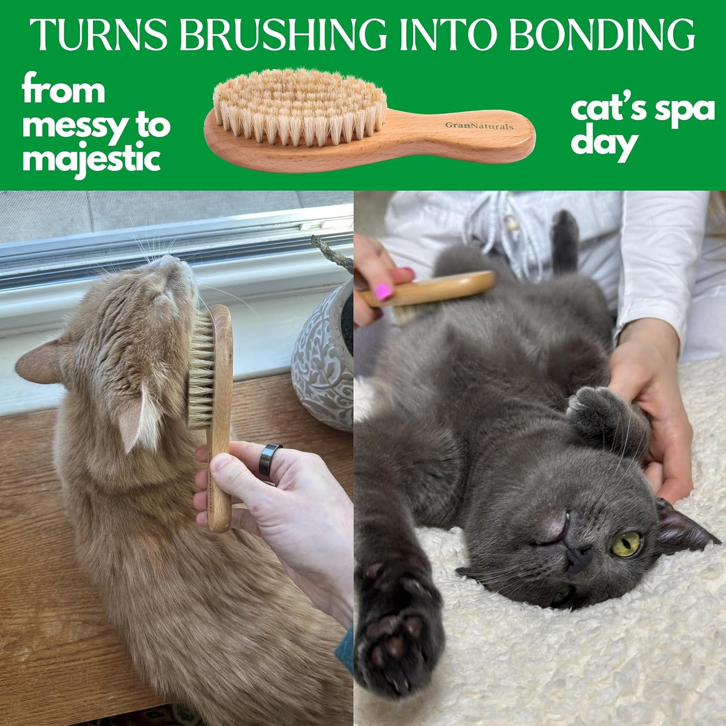 GranNaturals soft cat brush showing the durable ergonomic wooden handle grip.