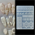 BHCCXZ 3D lace nail art mold front view showing transparent silicone template with intricate embroidery patterns