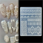 BHCCXZ 3D lace nail art mold front view showing transparent silicone template with intricate embroidery patterns