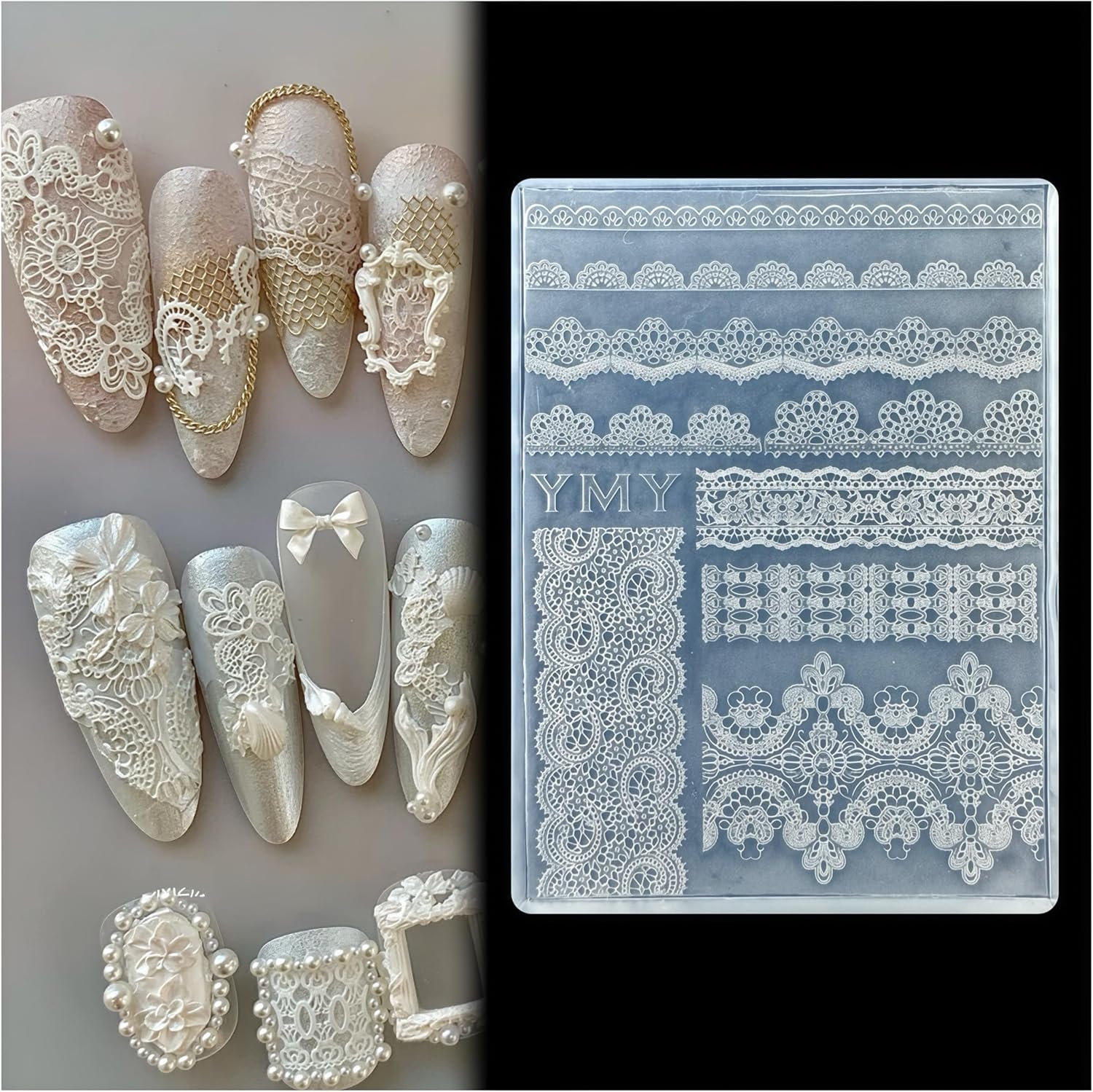 BHCCXZ 3D lace nail art mold front view showing transparent silicone template with intricate embroidery patterns