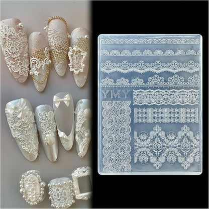 BHCCXZ 3D lace nail art mold front view showing transparent silicone template with intricate embroidery patterns